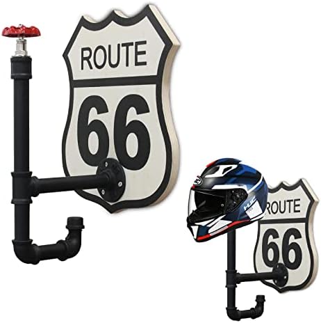 jatesen Helmet Holder Wall Mount,Motorcycle Helmet Rack Made of Industrial Pipe and Wooden Route 66 Pattern,Helmet Hanger for Coats,Caps,Baseballs and Rugby Helmet
