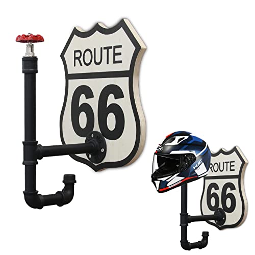 Jatesen Helmet Holder Wall Mount,Motorcycle Helmet Rack Made Of Industrial Pipe And Wooden Route 66 Pattern,Helmet Hanger For Coats,Caps,Baseballs And Rugby Helmet #TOP21