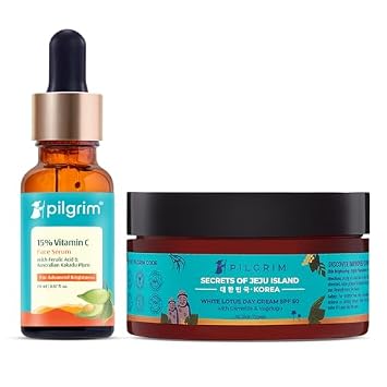 Pilgrim Glowing Skincare Combo Korean White Lotus Day Cream SPF 50 PA+++ & 15% Vitamin C Serum 20ml | With Ferulic Acid & Australian Kakadu Plum | Hydrates, Evens Tone & Fights Pigmentation