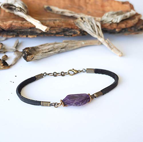 Amethyst Bracelet - Handmade Raw Amethyst Crystal - Antique Bronze Wire - Adjustable Genuine Black Leather Bracelet - February Birthstone - Raw Stone - Pisces Zodiac Jewelry #TOP1