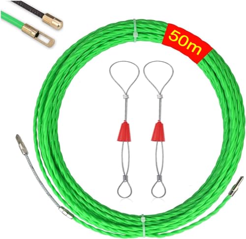 EIKEJI Sonda Passacavi Professionale,Sonda Elettricista 4.5mm 50 Metri,Sonda Tiracavi Con 2 Molla Di Guida,Sonda Tiracavi Cavo,Estrattore Cavi Per Cavi Elettricista (Verde)