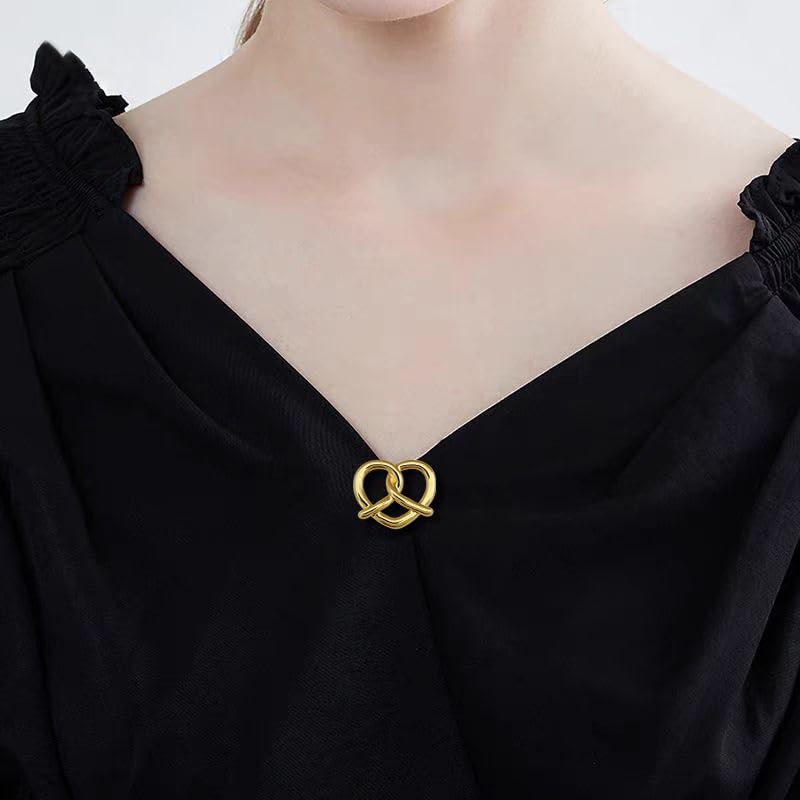 Image of Heart Brooches for Women Gold Tone Pretzel Lapel Pin Minimalist Badge Blazer Dress Jacket Sweater Decor Accessories Jewelry Gifts