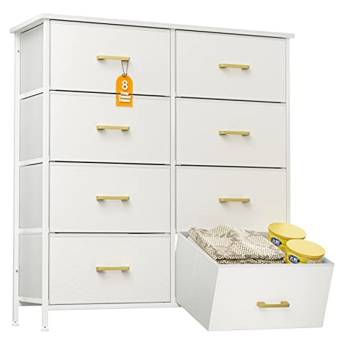 Tall Dresser for Bedroom with 8 Drawers Chest of Drawers for Closet Living Room Hallway Nursery White Dresser with Sturdy Steel Frame Fabric Bins Leather Finish Wood Top White