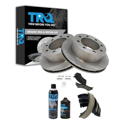 Image of TRQ Rear Brake Pad & Rotor Kit, with Chemical Kit Parking Brake Shoe Set Ceramic Compatible with 2003-2004 Ford E-250 1999-2002 E-250 Econoline