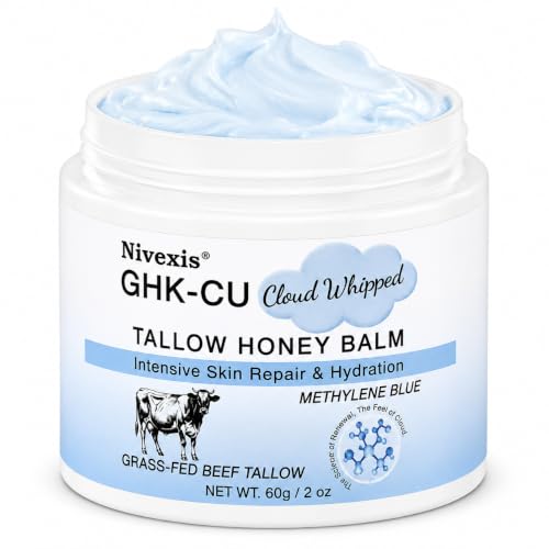 Nivexis GHK-Cu Copper Peptide Beef Tallow Blue Balm Grass Fed Whipped Tallow and Manuka Honey Moisturizer with Methylene Blue Face & Body Care for Mature Dry & Sensitive Skin 2 Oz