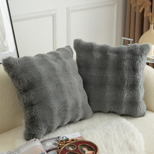 Image of MANDIOO Pack of 2 Thick Plush Wool Decorative Throw Pillow Covers Super Soft Wave Bubble Fur Velvet Cushion Covers Pillow Shams for Couch Bed Living Room 16x16 Inch Gray