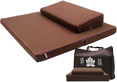 Portable Zabuton Meditation Cushion Set with Beautiful Bag, Large Rectangular Zen Pad and Foldable Square Floor Pillows for Adults, Yoga Mats, Washable Cover (23.6x23.6x1.9in, Brown)