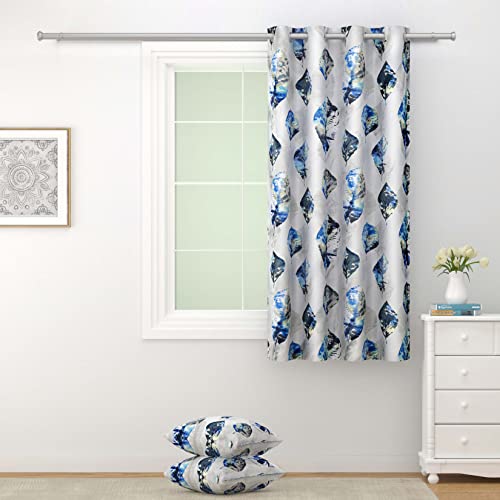 Image of Swayam 90% Blackout Polyester Window Curtain for Living Room & Bedroom | 5 Feet | Room Darkening Curtain with Eyelets | Pack of 1 | Leaf Design - White & Blue