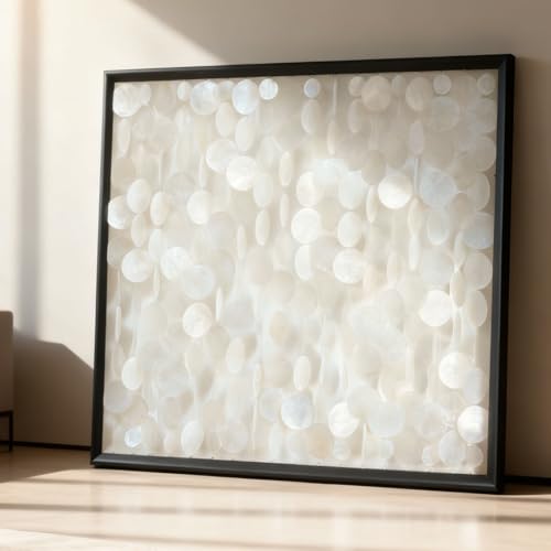 Bergamot 3D Handmade 24x24 Capiz Shell Wall Hanging Decor, with Black Upgraded Thicker Wooden Frame. Coastal Wall Decor, Minimalist White Sea Shell Art for Living Room, Bedroom, Office