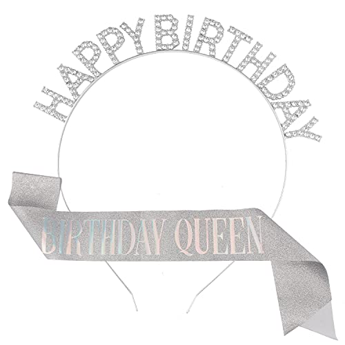 Happy Birthday Crown and Birthday Sash for Women, Aprince Birthday Birthday Decorations Birthday Gifts for Women Birthday Tiaras for Women Girls Birthday Headpiece Party Hair Accessories Silver