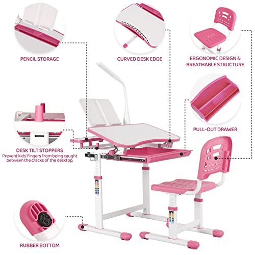 Aoou Kids Desk And Chair Set, Height Adjustable Multifunctional Writing Table With Steel Bookstand, Hook, Pull-Out Drawer, 360° Rotation 3 Brightness, Tiltable Desktop, For Study #TOP5