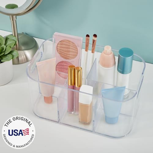 STORi Bliss 5-Compartment Plastic Cosmetics Storage Organizer | Clear | Rectangular Divided Makeup Bin & Vanity Caddy with Pass-Through Handles | Round Corner Design | Made in USA