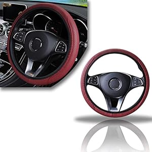 Ajxn 1 PC Car Breathable Steering Wheel Cover, Elastic and Anti-Slip, Four-Season Universal 15 Inch Microfiber Leather Embossed Steering Wheel Cover, Car Interior Accessories (Wine Red)