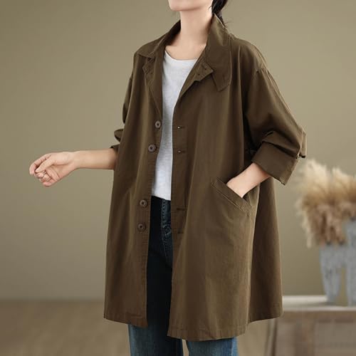 Women Vintage Mid-Long Trench Coat Lapel Button Down Long Sleeve 2025 Spring Cardigan Outerwear Jackets with Pockets3