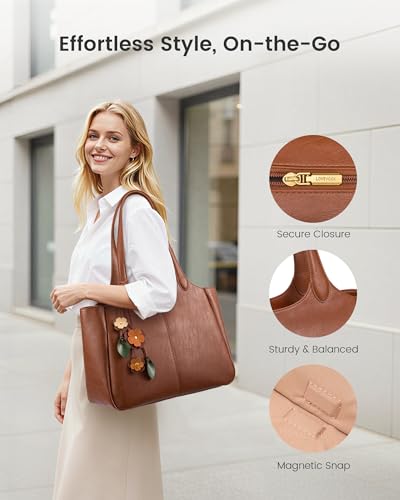 LOVEVOOK Leather Tote Bag for Women, Work Shoulder Bag with 40oz Cup Holder — view 5
