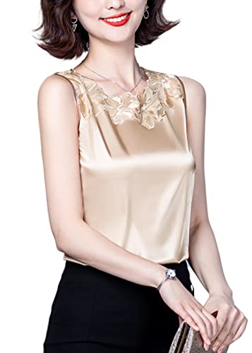 Lqhhylyx Ladies Lace Silk Satin Sleeveless Camisole Round Neck Commuter Shirt (Champagne-Color, Medium) #TOP1