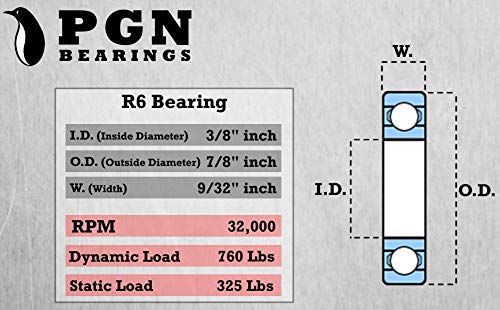 Pgn (10 Pack) R6-Zz Bearing - Lubricated Chrome Steel Sealed Ball Bearing - 3/8"X7/8"X9/32" Bearings With Metal Shield & High Rpm Support #TOP1