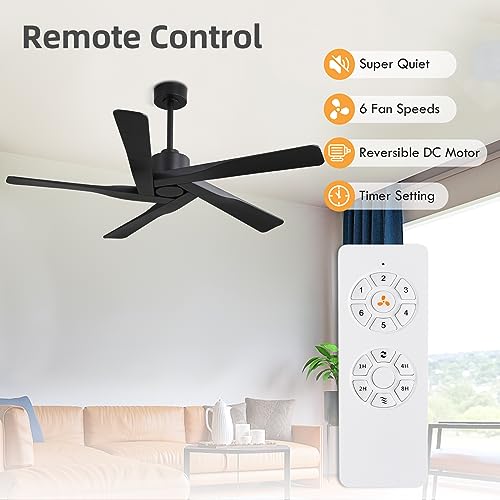 WINGBO 64" ABS DC Ceiling Fan No Light, 5 Blade ABS Plastic Ceiling Fan with Remote, 6-Speed Reversible DC Motor, Ceiling Fans without Light for Kitchen Bedroom Living Room, Matte Black by WINGBO - Image 2