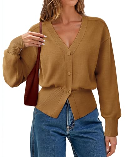 Gaharu Camel Cardigan for Women: Dressy V Neck - Sweaters for Women - Peplum Dressy Cardigan Wedding Guest Old Money Open Front Long Sleeve Knitted Sweater Coat 2026 Winter Camel M
