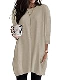 Poetsky Womens Long T-Shirts Loose Fit Solid Color Short Sleeve Long Tunic Tops to Wear with Leggings Boxy Shirts with Pockets for Women Apricot L