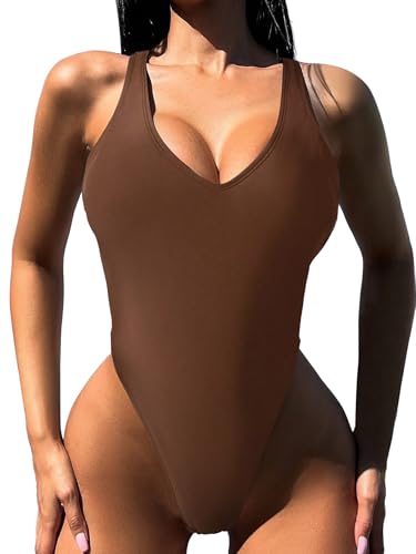 Image of Foxiny Sexy Backless Cheeky High Cut Leg Thong V Neck One Piece Swimsuit