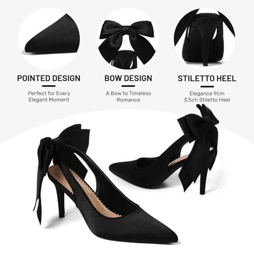 Mattiventon Black Slingback Heels for Women Pointed Closed Toe Stiletto Heels with Bow Tie Wedding Shoes for Bride Satin Dress Pumps Shoes for Prom Party — view 6