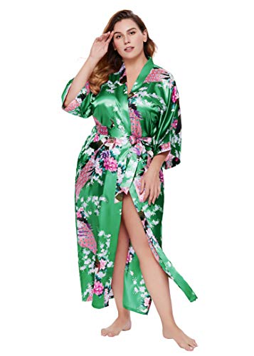 Image of BABEYOND Women's Kimono Robe Long Satin Robes with Peacock and Blossoms Printed Kimono Nightgown