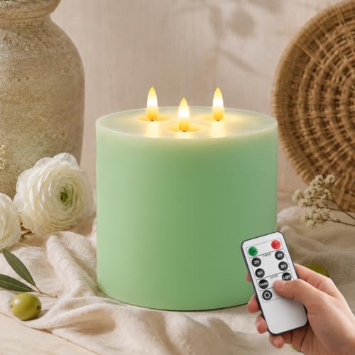 Amagic 3 Wick Extra Large Flameless Pillar Candles with Timer Remote, Green