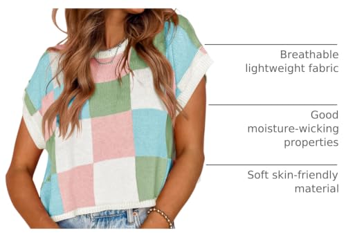 Image of Saodimallsu Womens Cap Sleeve Crop Tops Summer Color Block Going Out Crew Neck Knit Trendy Casual Sweater
