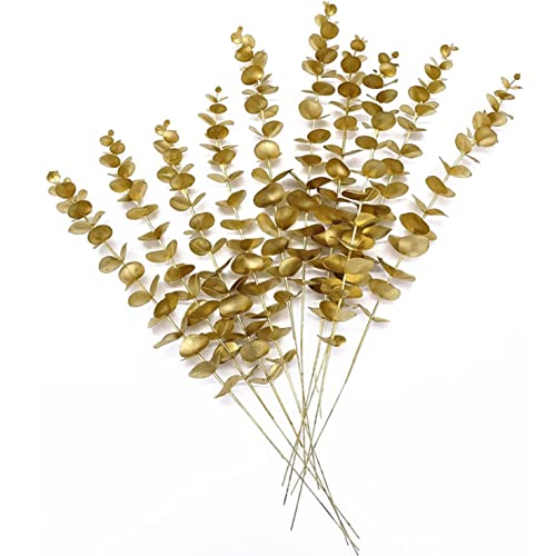 LOVENIMEN Artificial Golden Plants Decoration, Faux Gold Eucalyptus Stems Bushes Fake Leaves Plant Shrubs for Indoor Outdoor Home Hall Table Centerpieces Garden Wedding Christmas DIY Decor - 10pcs