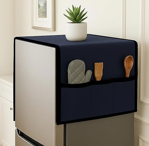 Image of Refrigerator Single Door Waterproof, Dustproof, Refrigerator Top Cover, Protective Cover for Fridges with Extra Storage Space Nylon Top cover with 6 Storage Pockets (Navy Blue,130 x 54 cm)