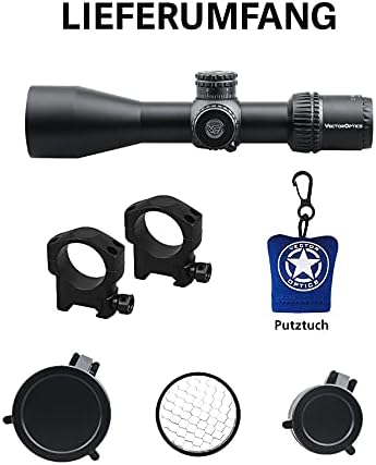 Image showing the Vector Optics Veyron Rifle Scope along with included accessories: scope rings, cleaning cloth, and lens caps.