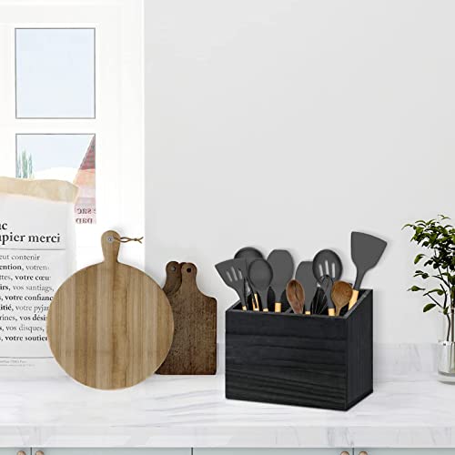 Y&ME YM Kitchen Utensil Caddy With 2 Compartments, Rustic Kitchen Utensil Holder Wood Utensil Organizer Box, Farmhouse Utensil Crock Flatware Organizers, Cutlery Storage Box For Kitchen (Black) - Thumbnail 4