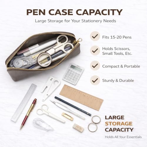 Image of Pencil Case Small Pencil Pouch Slim Zipper Pen Holder School Office College(Pearl Brown,Faux Leather)