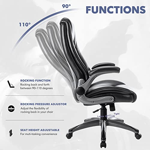 High Back Executive Office Chair-Ergonomic Bonded Leather Computer Chair With Flip-Up Arms, Adjustable Tilt Tension, Padded Armrests, Swivel Rolling Home Desk Chair-Black,300Lbs #TOP6
