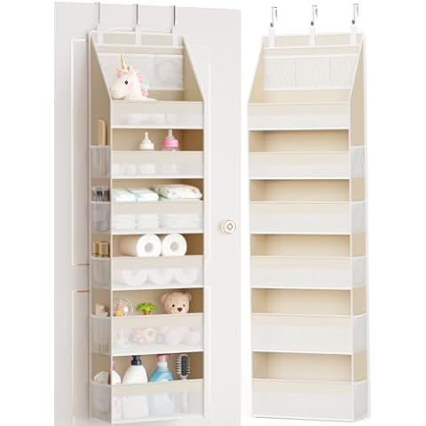 Criusia Over the Door Organizer, 6-Shelf Closet Hanging Storage with 13 Mesh Pockets, 55lbs Capacity Behind the Door Storage for Baby Nursery, Bathroom, Bedroom, and Dorm, Beige Cover