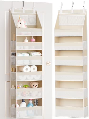 Criusia Over the Door Organizer, 6-Shelf Closet Hanging Storage with 13 Mesh Pockets, 55lbs Capacity Behind the Door Storage for Baby Nursery, Bathroom, Bedroom, and Dorm, Beige