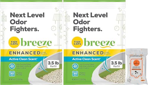 Aurora Pet Tidy Cat Breeze Lot de 2 granulés de litière pour chat Senteur Active Clean Enhanced Active Clean Rechargez 1,6 kg avec lingettes humides Aurora Pet