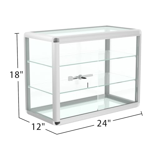 HUZJIEHUI 24" W x 18" H x 12" D Silvery Aluminum Tempered Glass Countertop Display Case - Durabletable Top Display Case,Clear Display Cabinet for Retail, Home & Office Use - Thumbnail 2