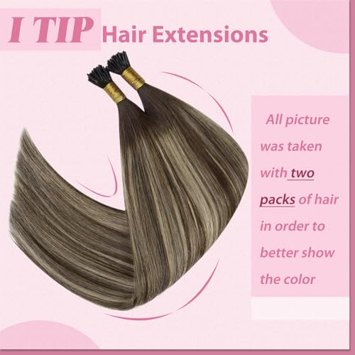 Image of YoungSee I Tip Extensions Balayage, I Tips Hair Extensions Real Human Hair, Ombre Dark Brown with Ash Blonde, Itip Human Hair Extension, 18 Inch 55 Strands 50g, for All-day Wear