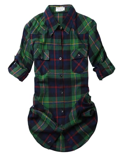Match Womens Button Down Flannel Plaid Shirts roll up Long Sleeve Shackets Business Blouse Top (X-Large, Checks#2)