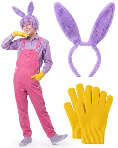 Skicuff 2 Pcs Fluffy Purple Bunny Ears Headband and Yellow Knit Gloves Set