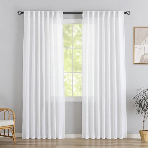 DONREN White Linen Back Tab Curtains 78 Inches Long 2 Panels for Guest Room -Elegant Modern Country Semi Sheer Privacy Drapes Hooks Belt Light Filtering Playroom Curtains W52 x L78