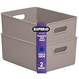 Superio Ribbed Collection - Decorative Plastic Open Home Storage Bins Organizer Baskets, Large Taupe (2 Pack) Container Boxes for Organizing...