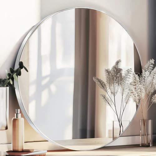 Sunniry Bathroom Mirror 36 inch, Silver Round Mirror, Brushed Metal Frame