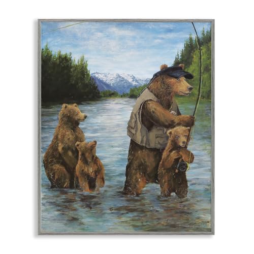 Grizzly Bear Family Fishing Landscape, 16 x 20 Inch Framed Giclée Print