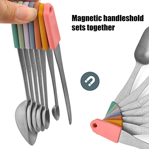 Magnetic Measuring Spoons Set, Soft Silicone Handle Stainless Steel Metal Stackable Teaspoon, Coffee Scoop, Set Of 7 Kitchen For Measuring Dry And Liquid Ingredients, Fits In Spice Jar (Colorful ) #TOP2