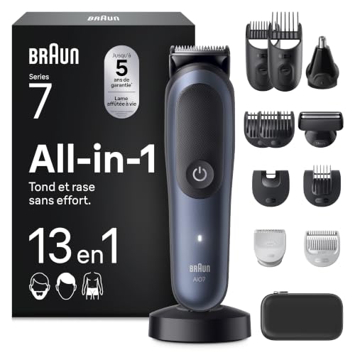 Braun Tondeuse Electrique Homme, Tout-en-Un Series 7 AIO7565 13-en-1, Bleue – Etanche, Batterie Rechargeable, Lame Ultra Affutée, Coffret avec 7 Sabots, 3...