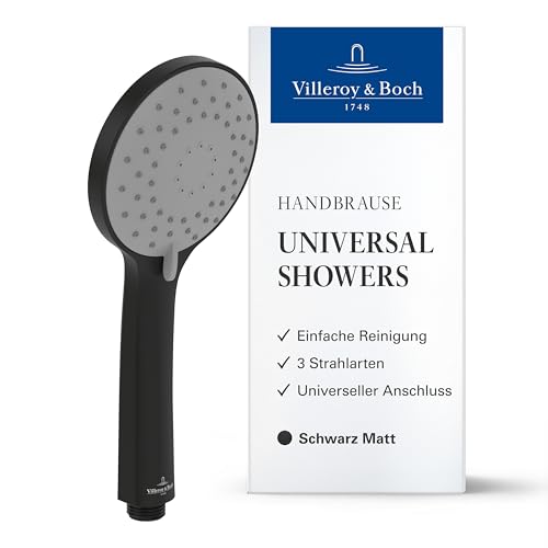 Villeroy & Boch Universal Showers Duschkopf, Handbrause mit 3 Strahlarten & EasyClean, Wassersparend, Universeller Anschluss – Matt Black