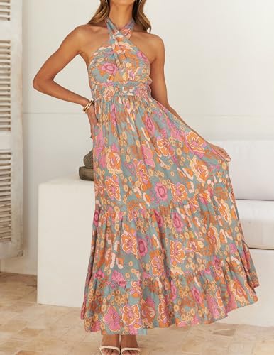 ZESICA Women's 2025 Summer Crossover Halter Neck Sleeveless Plaid Cut Out Backless Flowy A Line Maxi Dress3